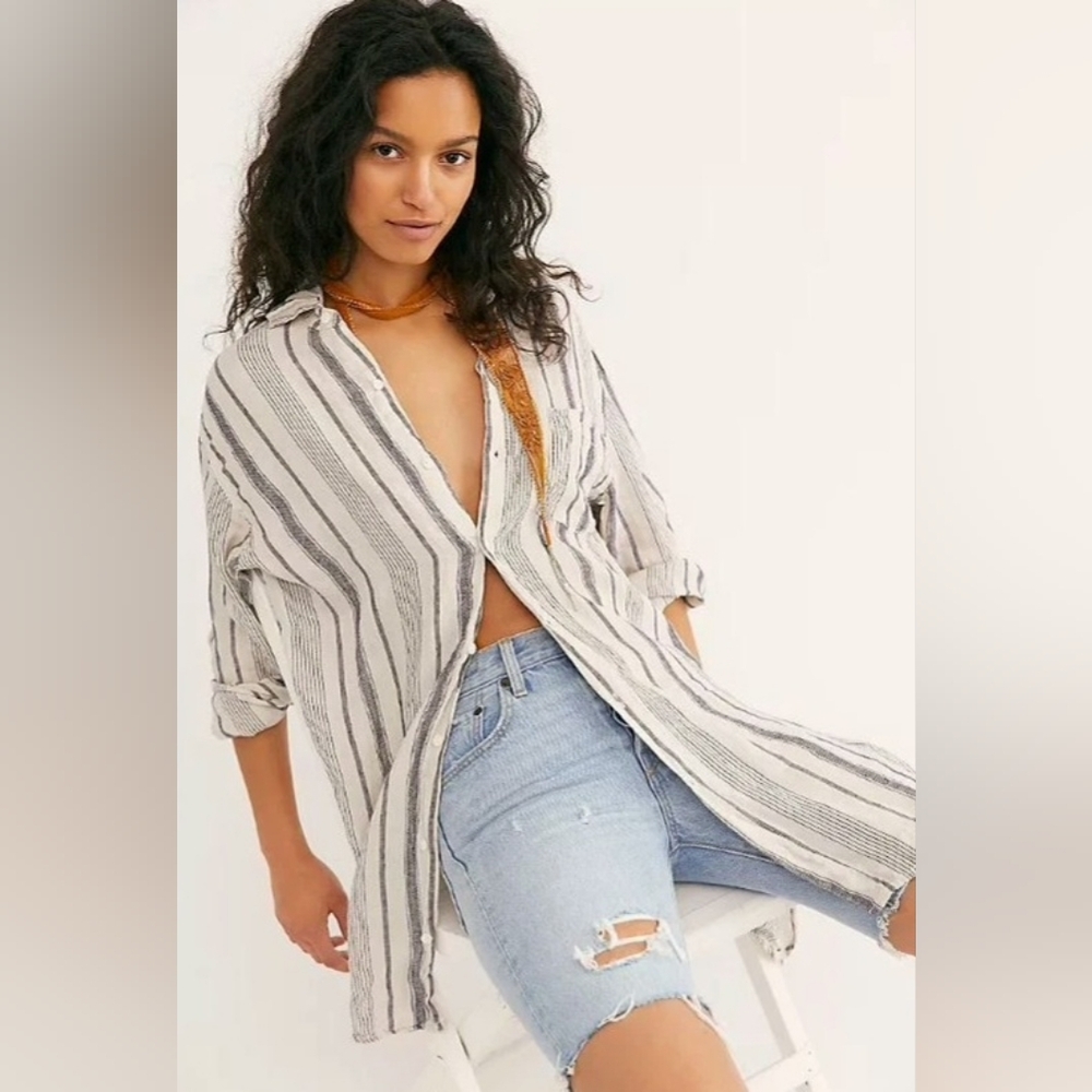Free People X CP Shades Linen Stripe Button-down Shirt Oversized XL